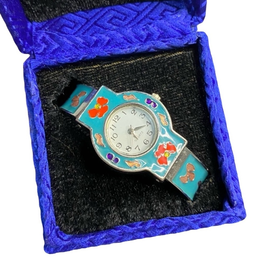 Light Blue Floral Vintage Cloisonné Cuff Watch